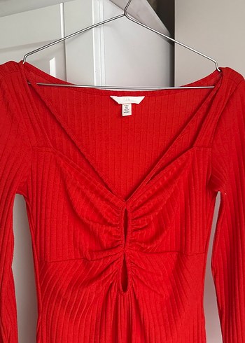 Uzun Kollu turuncu V Yaka Triko Elbise - Görsel 2