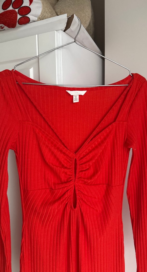 Uzun Kollu turuncu V Yaka Triko Elbise - Görsel 2