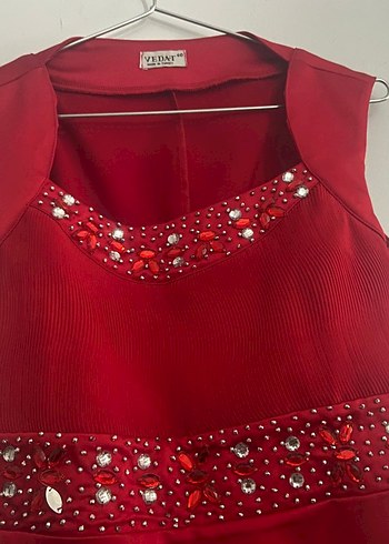 Kırmızı Taş İşlemeli Uzun Abiye Elbise - Görsel 2