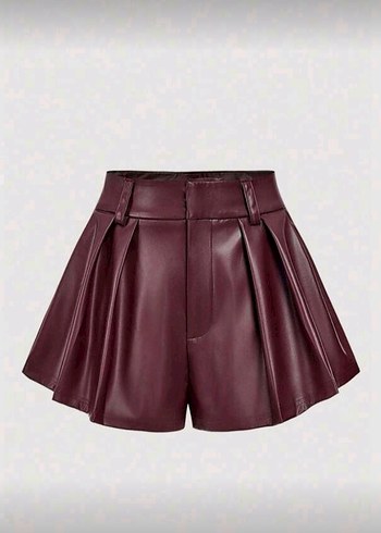 Bordo Pilili Deri Mini Şort - Görsel 6