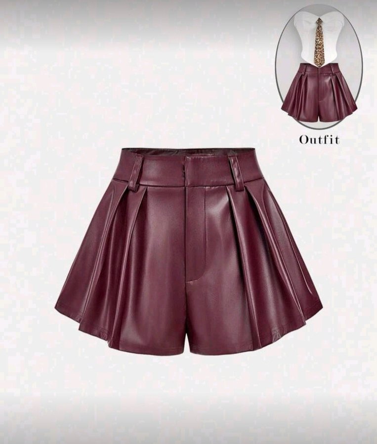 Bordo Pilili Deri Mini Şort - Görsel 2