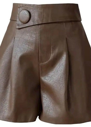 Düğmeli Kahverengi Deri Kadın Şort - Görsel 3