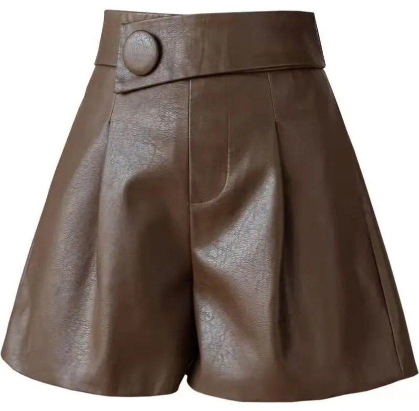 Düğmeli Kahverengi Deri Kadın Şort - Görsel 3