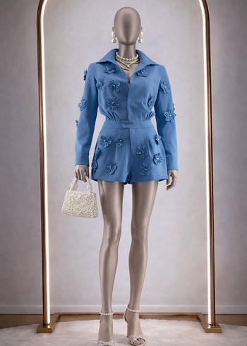 Petrol mavi, 3D çicek aplikeli, incili Kadın Mini Tulum. - Görsel 4