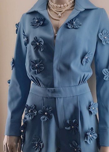 Petrol mavi, 3D çicek aplikeli, incili Kadın Mini Tulum. - Görsel 7