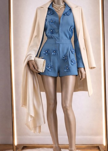 Petrol mavi, 3D çicek aplikeli, incili Kadın Mini Tulum. - Görsel 3