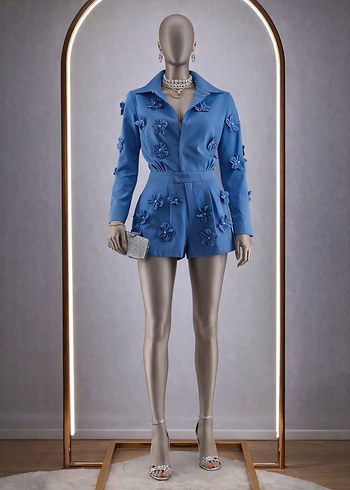 Petrol mavi, 3D çicek aplikeli, incili Kadın Mini Tulum. - Görsel 13