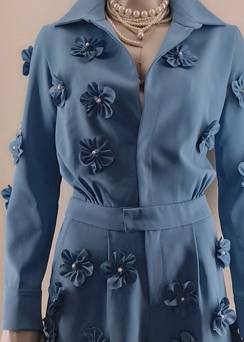 Petrol mavi, 3D çicek aplikeli, incili Kadın Mini Tulum. - Görsel 9