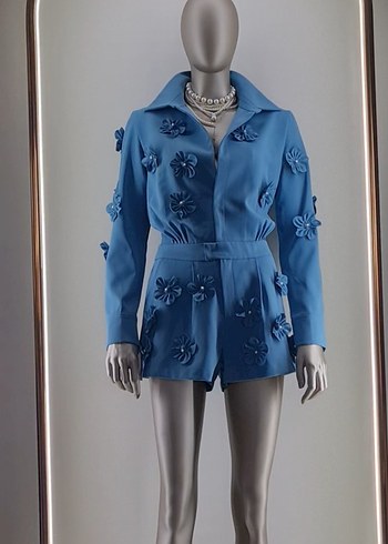 Petrol mavi, 3D çicek aplikeli, incili Kadın Mini Tulum. - Görsel 6