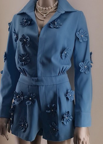 Petrol mavi, 3D çicek aplikeli, incili Kadın Mini Tulum. - Görsel 8