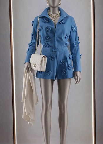 Petrol mavi, 3D çicek aplikeli, incili Kadın Mini Tulum. - Görsel 14