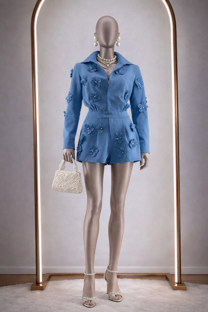 Petrol mavi, 3D çicek aplikeli, incili  Kadın Mini Tulum. - Görsel 4