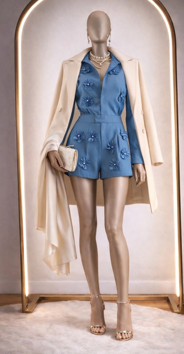 Petrol mavi, 3D çicek aplikeli, incili  Kadın Mini Tulum. - Görsel 3