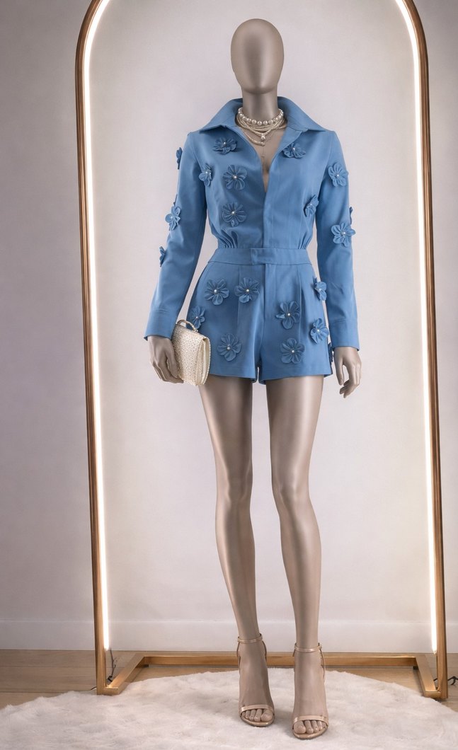 Petrol mavi, 3D çicek aplikeli, incili  Kadın Mini Tulum. - Görsel 5