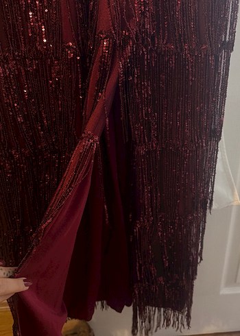 Bordo V Yakalı Uzun Drapeli Abiye Elbise - Görsel 5