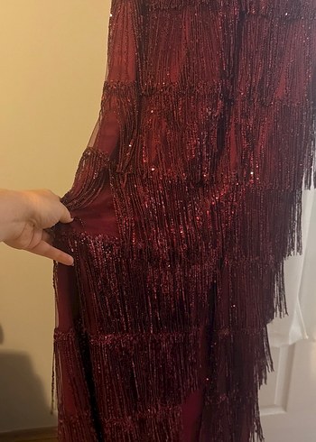 Bordo V Yakalı Uzun Drapeli Abiye Elbise - Görsel 3