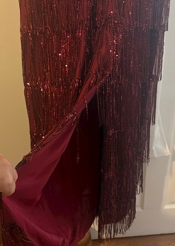 Bordo V Yakalı Uzun Drapeli Abiye Elbise - Görsel 4