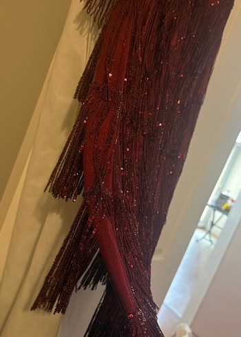 Bordo V Yakalı Uzun Drapeli Abiye Elbise - Görsel 8