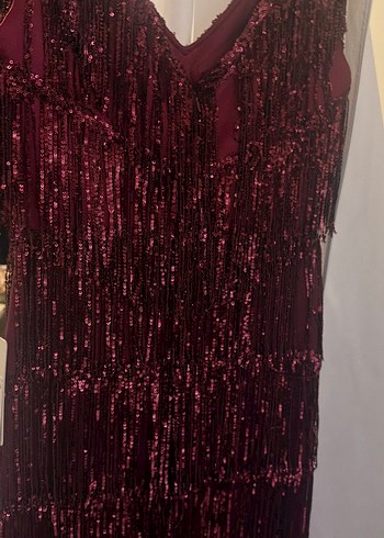 Bordo V Yakalı Uzun Drapeli Abiye Elbise - Görsel 9