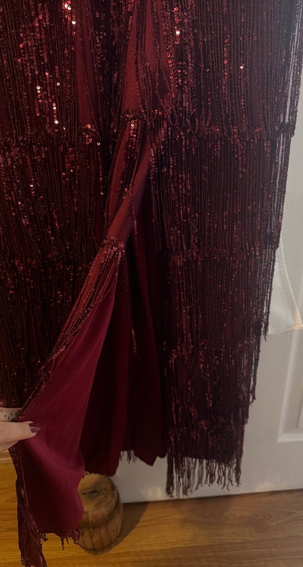 Bordo V Yakalı Uzun Drapeli Abiye Elbise - Görsel 5