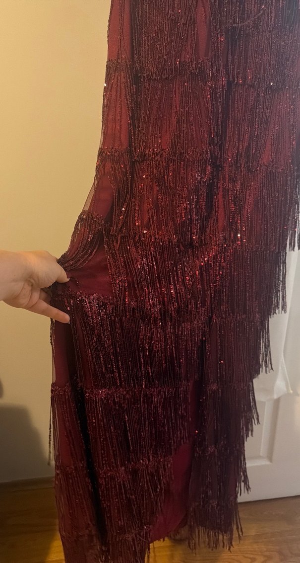 Bordo V Yakalı Uzun Drapeli Abiye Elbise - Görsel 3