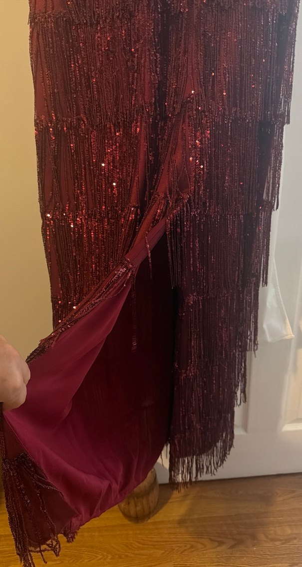 Bordo V Yakalı Uzun Drapeli Abiye Elbise - Görsel 4