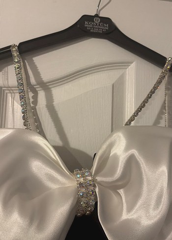 Beyaz Siyah Uzun Drapeli Straplez Abiye Elbise - Görsel 2