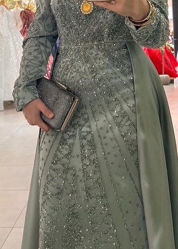 Mint yeşili  Uzun Kollu Drapeli Abiye Elbise - Görsel 2