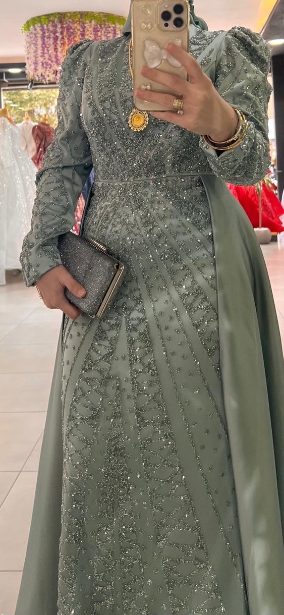 Mint yeşili  Uzun Kollu Drapeli Abiye Elbise - Görsel 2