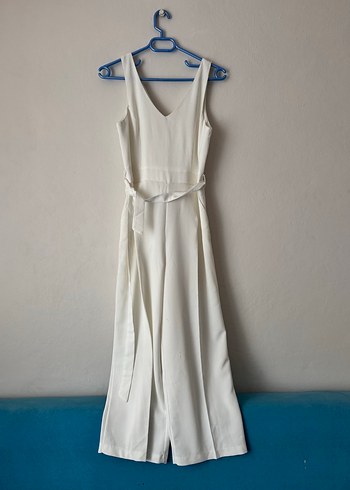 Beyaz V Yaka Kolsuz Midi Tulum - Görsel 2