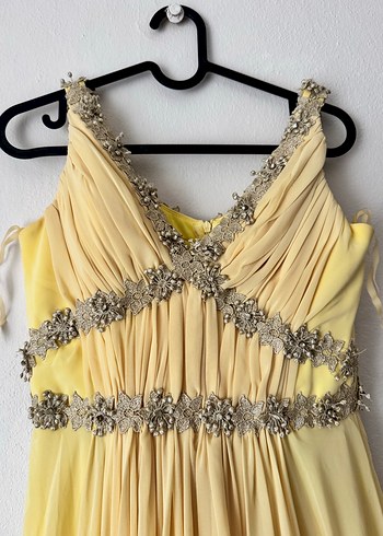 Sarı Uzun Drapeli Kadın Abiye Elbise - Görsel 2