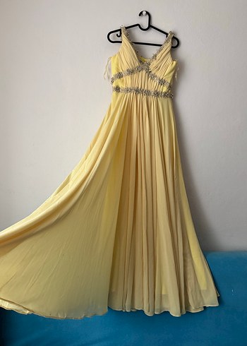 Sarı Uzun Drapeli Kadın Abiye Elbise - Görsel 3