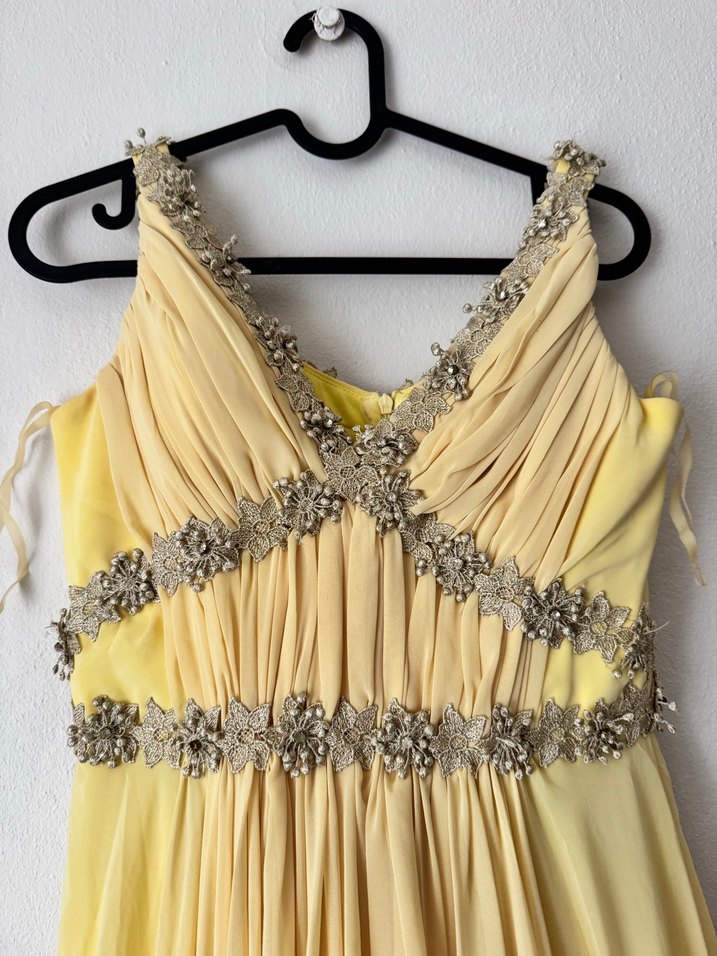 Sarı Uzun Drapeli Kadın Abiye Elbise - Görsel 2