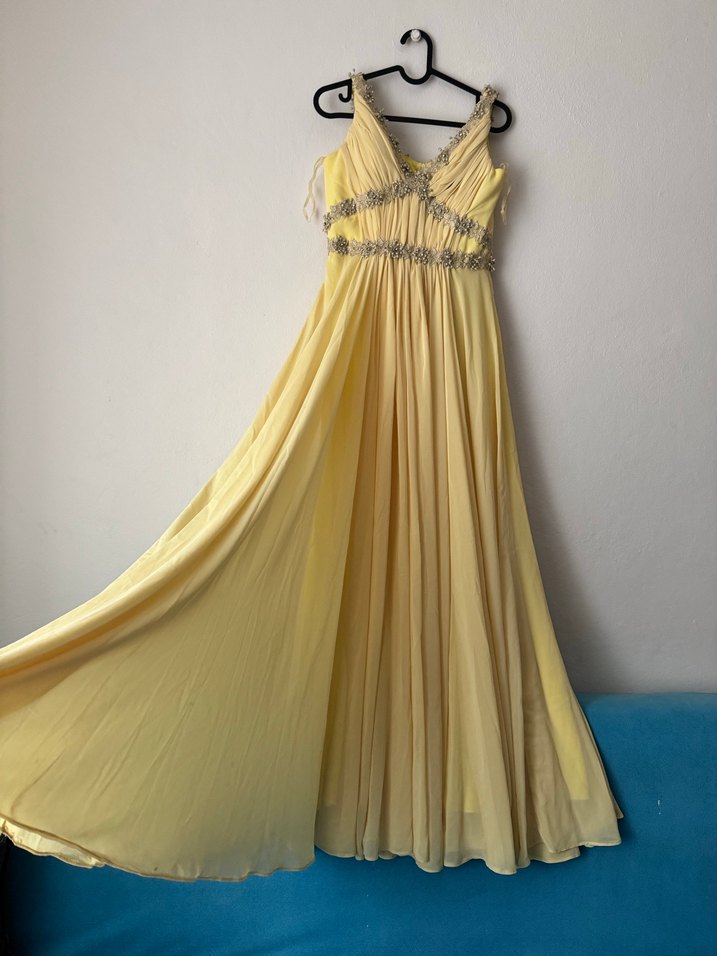 Sarı Uzun Drapeli Kadın Abiye Elbise - Görsel 3