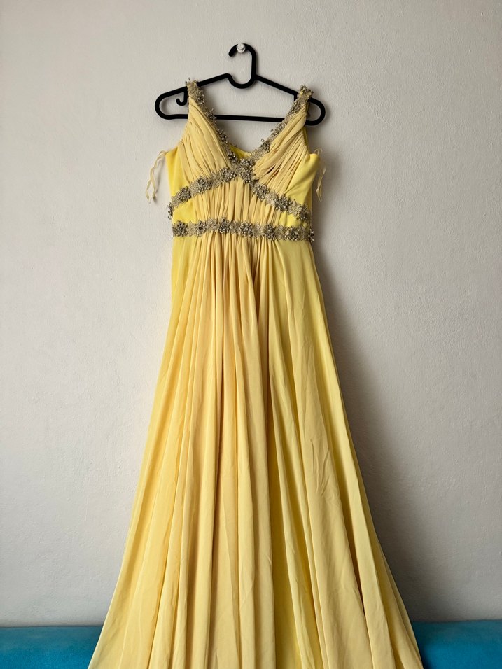 Sarı Uzun Drapeli Kadın Abiye Elbise - Görsel 4