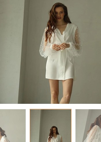 Uzun Kollu Beyaz Mini Kadın sabahlık - Görsel 2