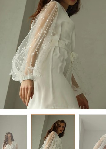 Uzun Kollu Beyaz Mini Kadın sabahlık - Görsel 3