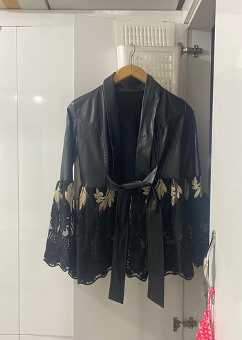 Yurdışı tasarım Kadın Siyah Deri ceket - Görsel 6