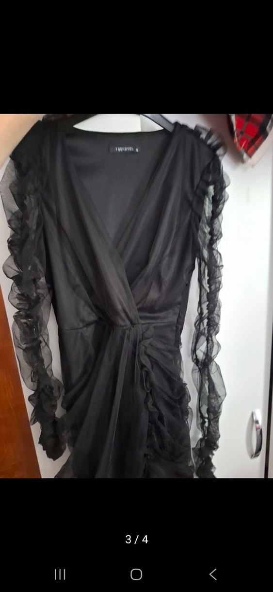 Siyah Uzun Gotik Fırfırlı Abiye Elbise - Görsel 3