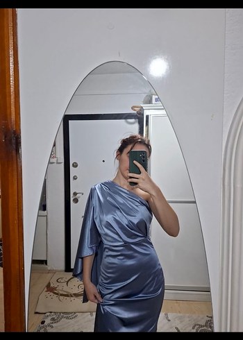 Mavi Drapeli Straplez Uzun Abiye Elbise - Görsel 2