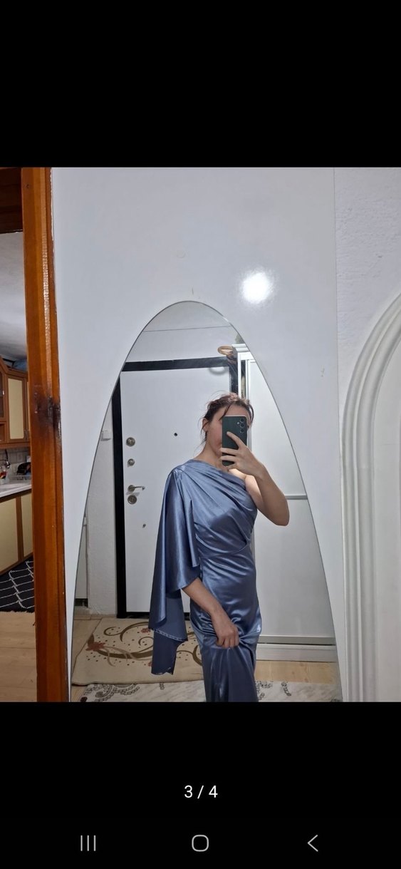 Mavi Drapeli Straplez Uzun Abiye Elbise - Görsel 3