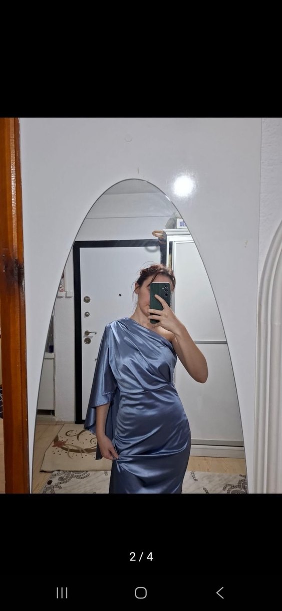 Mavi Drapeli Straplez Uzun Abiye Elbise - Görsel 2