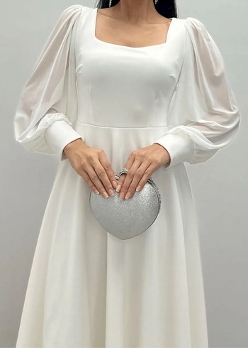 Uzun Beyaz Kadın Elbise, Tekstil, Modern Klasik - Görsel 3