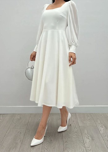 Uzun Beyaz Kadın Elbise, Tekstil, Modern Klasik - Görsel 2