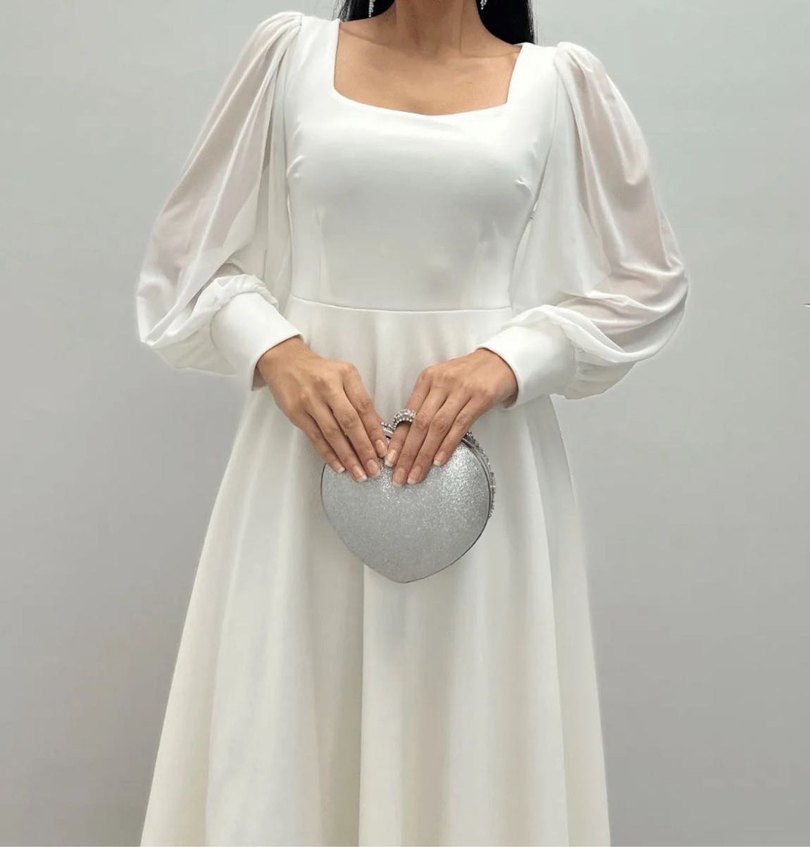 Uzun Beyaz Kadın Elbise, Tekstil, Modern Klasik - Görsel 3