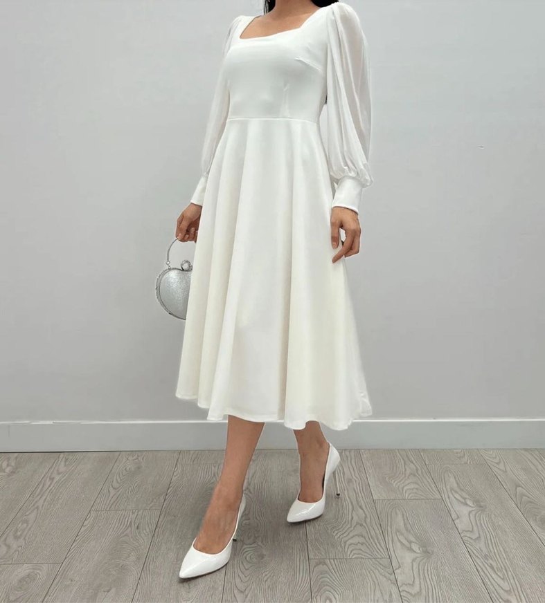 Uzun Beyaz Kadın Elbise, Tekstil, Modern Klasik - Görsel 2