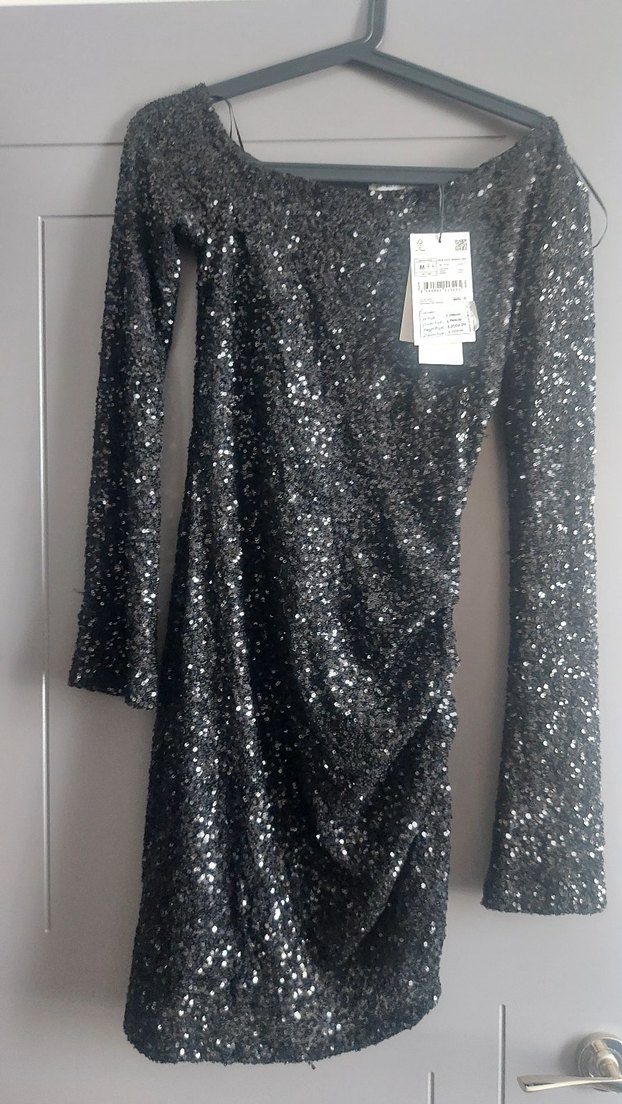 Siyah Parlak Uzun Kollu Abiye Elbise - Görsel 2