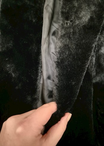 Siyah Kapüşonlu Uzun Kadın Peluş Mont - Görsel 2