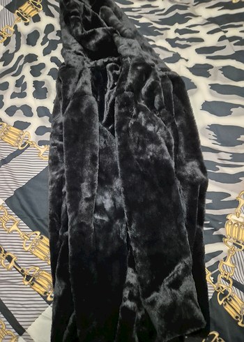 Siyah Kapüşonlu Uzun Kadın Peluş Mont - Görsel 3