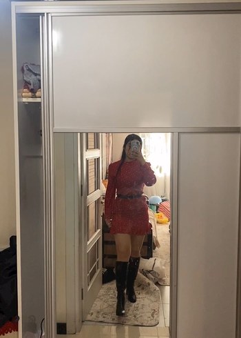 Uzun Kollu Kırmızı Mini Elbise - Görsel 3